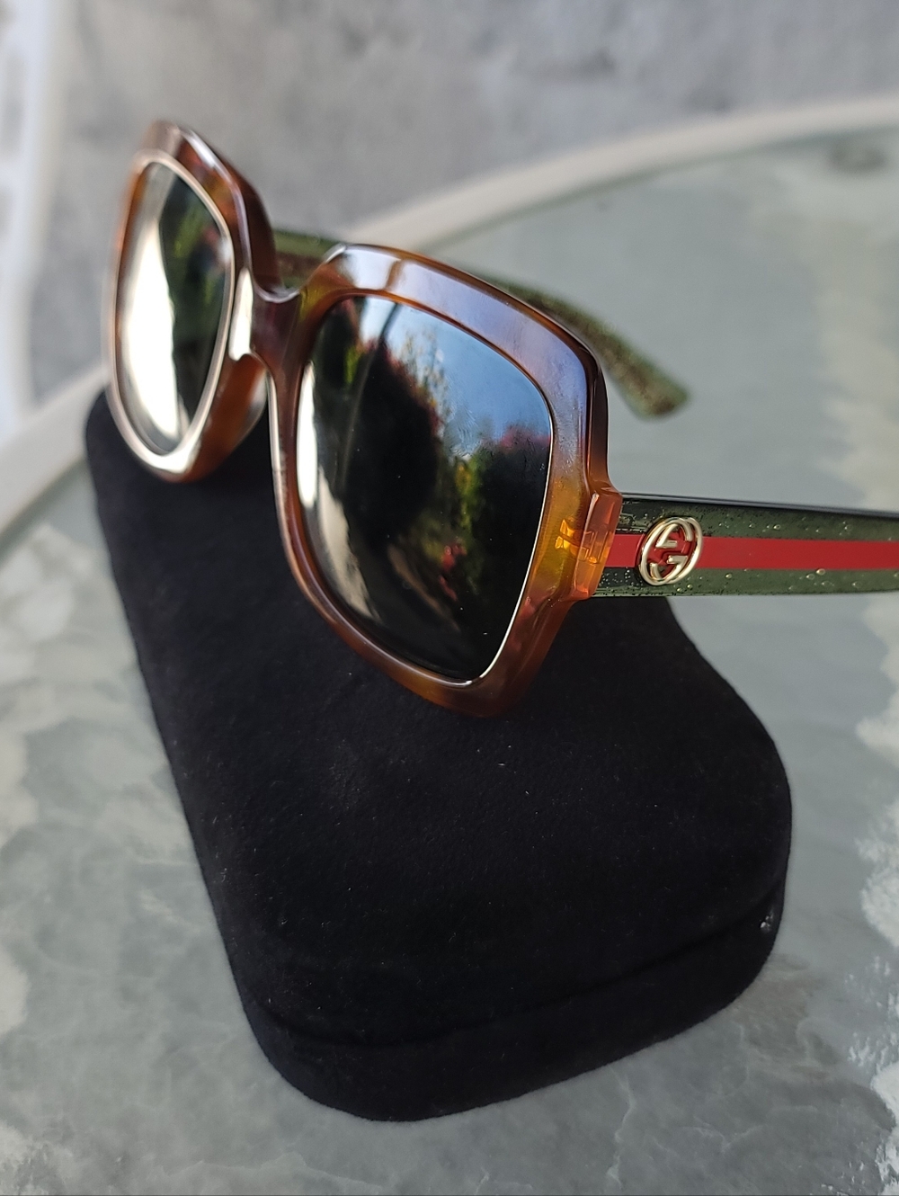 Gucci Brown/Tortoiseshell Square Sunglasses with Green-Red Temple Stripes